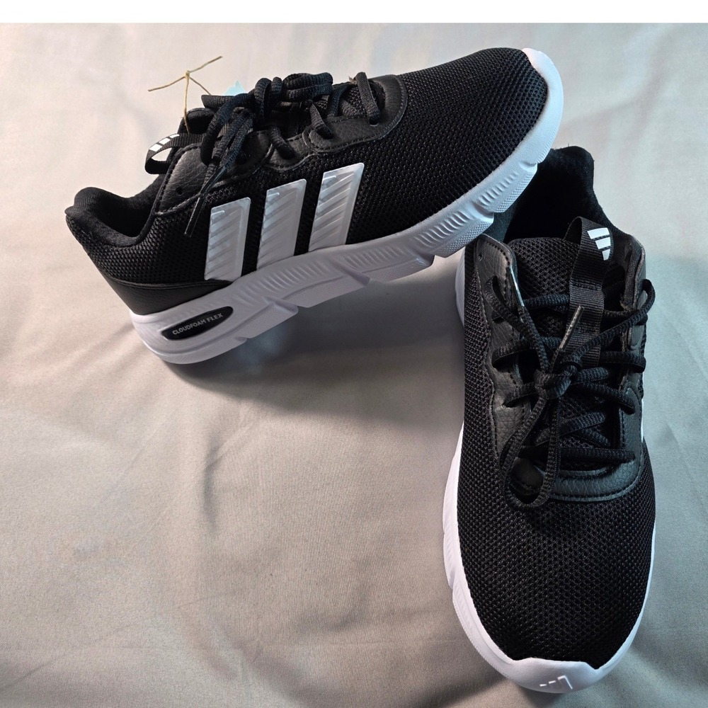 Adidas Cloudfoam Flex Laces Women 8 Black White Wide Running Shoes HQ4960 NEW